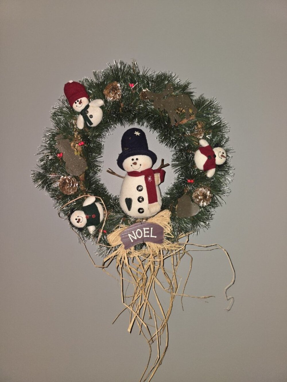Vintage Folk Art Christmas Wreath – Shabby Chic Cottagecore Snowman NOEL Décor